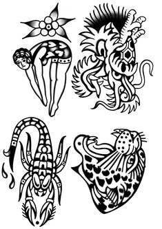 four different designs in black and white on a white background, each with an animal's head