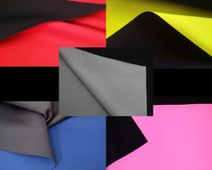 four different colors of fabric with black, pink, blue, yellow and grey on them