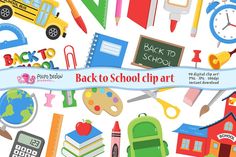 the back to school clip art is shown in various colors and shapes, including books, pencils, markers, scissors, etc