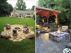 two pictures side by side, one with fire pit and the other with seating area