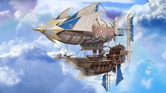 a ship floating in the air on top of blue skies with clouds and birds flying around