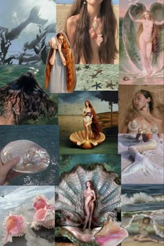 a collage of photos with mermaids, seashells and other things in them