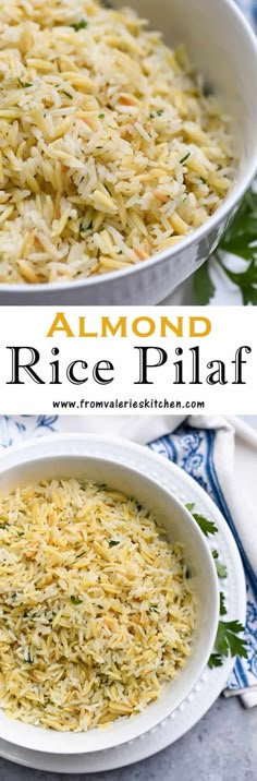 rice pilaf in a white bowl on top of a blue and white table cloth