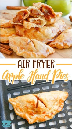 air fryer apple hand pies with apples in the background and text overlay