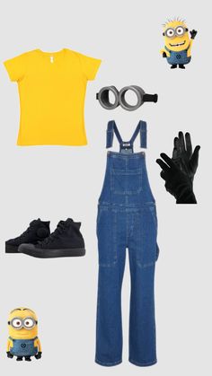 a yellow shirt, blue overalls and black shoes are arranged in the shape of a minion