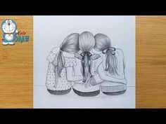 Three Best Friends Drawing, Sisters Drawing Easy, Two Sisters Drawing Cute Easy, Friends Sketch Drawing Ideas, 2 Sisters Drawing Easy, Best Friend Drawing Sketches, Sisters Pencil Sketch, 3 Girls Drawing Friends, Friend Sketches