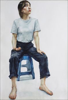 a painting of a woman sitting on top of a blue stool with her eyes closed