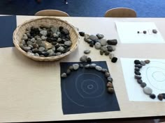 a table topped with rocks and paper next to a basket filled with stones on top of it