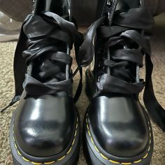 Dr Martens Daughter Removed Insoles To Try To Wear But I Stopped Her And Bought New Ones So Still New Never Worn But No Box Platform Dr Martens, Vday Outfit, Doc Martens Boots, Ribbon Laces, Dr Martens Black, Lace Outfit, Boots And Sneakers, Doc Martens, Shoe Style