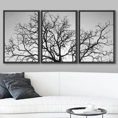 two black and white paintings hanging on the wall above a couch in a living room