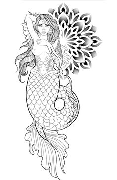 a drawing of a mermaid holding a flower