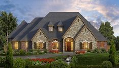 this is an artist's rendering of a house in the country style with stone and brick accents