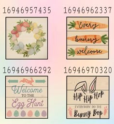 four different signs with numbers and designs on them