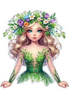 a drawing of a girl with flowers on her head and green leaves in her hair