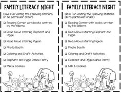 two bookmarks with the words family library night written in black and white on them