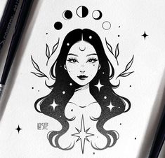 a black and white drawing of a woman's face with stars on her forehead