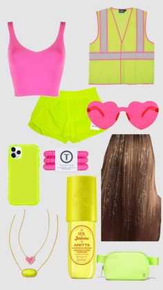 the contents of a woman's outfit including sunglasses, hair and other items are shown