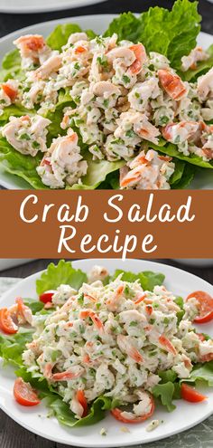 crab salad with lettuce and carrots on top is shown in two separate images