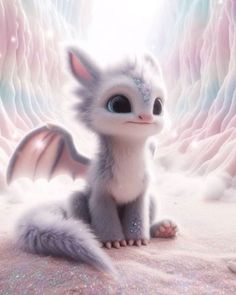 a small white and gray kitten sitting on top of a bed next to an angel wings background