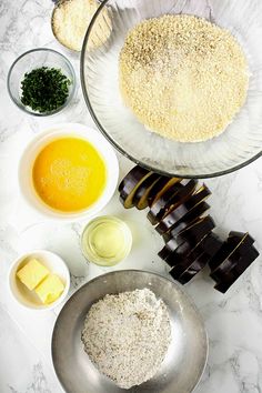 ingredients to make an oatmeal smoothie laid out on a marble counter top