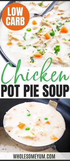 chicken pot pie soup in a skillet with text overlay