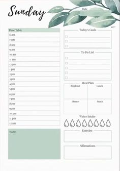 a printable daily planner with leaves and water drops on the page, in green