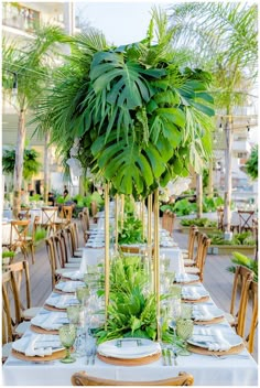 the table is set with plants and place settings