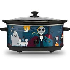 a slow cooker with the skeleton on it's side and cartoon characters painted on it