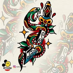 a colorful dragon tattoo design on a white background