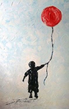 a painting of a person holding a red balloon in the sky with one hand and two strings attached to it