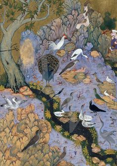 a painting with birds and trees in the background