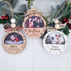 Three laser engraved photo Christmas Ornaments with holiday background Christmas Gifts With Photo, Vinyl Wood Christmas Gifts, Laser Engraved Christmas, Engraved Christmas Ornaments, Wood Laser Ideas, Photo Christmas Tree, Laser Cut Christmas, Solo Adventure, Barn Wood Crafts