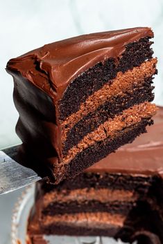 a piece of chocolate cake on a plate with a knife