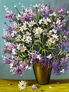 a painting of white and purple flowers in a gold vase on a green tablecloth