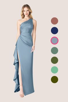 a woman in a long blue dress with different color options on the side and an image of