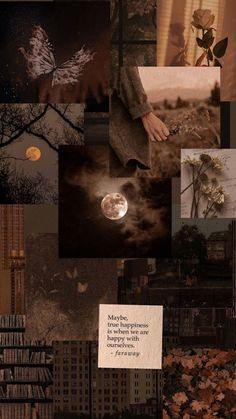 a collage of photos with buildings, trees, and moon in the night sky