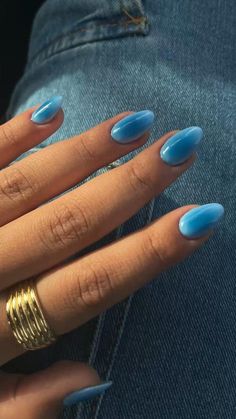 Summer Colors Nails 2024, Simple Sns Nail Designs, Nail Ideas Senior Pictures, Pointed Almond Nail Designs, 4th Of July Nails Almond Shape Simple, Cool Girl Summer Nails, Two Toned Blue Nails, Different Colored Hands Nails