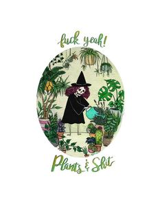 a card with an image of a witch holding a potted plant