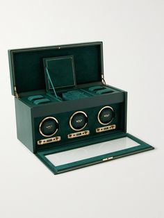 If you've invested in your timepieces, it's sage to invest in their maintenance, too. WOLF's watch winder will keep the automatic movement lubricated and precise, and the case dustand moisture-free. Securing with a lock and key, it's handcrafted from pebble-grain vegan leather in a shade of green inspired by the British Racing teams from the early 20th century. Lock-in cuffs padded with low-density foam ensure a secure fit, and there are multiple rotation, battery, power-reserve and rotational s Wolf Colors, Watch Winders, Green Watch, Mens Watches Leather, Latest Watches, Watch Storage, Watch Winder, Watches Unique, Lock And Key