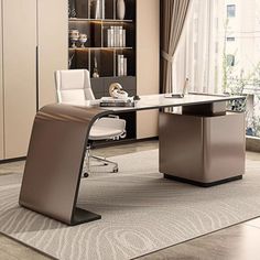 an office desk with chairs and a bookcase in front of a large window overlooking the city