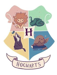 the hogwart's crest is shown with four different animals and letters on it