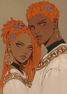 two people with orange hair and blue stars on their foreheads are looking at the camera