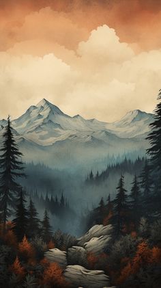 a painting of mountains and trees with clouds in the background