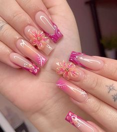 Nail Inspo Square Flower, Nail Ideas 3d Flowers, Nails Acrylic Coffin 3d Flowers, Short Acrylic Nails Coffin 3d Flowers, Blooming Flower Nails, Short Square Acrylic Nails 3d Flowers, Nezuko Nails, 3d Gel Flower Nails Square, Pink Acrylic Nails 3d Flowers