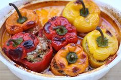 stuffed bell peppers in a casserole dish ready to be eaten