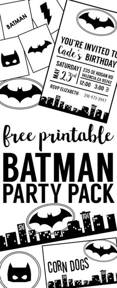 batman party printables are on display in this black and white flyer for the kids's birthday