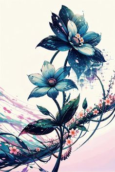 an artistic painting of flowers and leaves