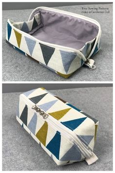 two images show the inside and outside of a cosmetic bag with zippers on each side