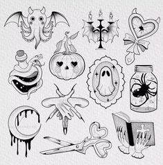 a collection of halloween related items drawn by hand in black and white ink on paper