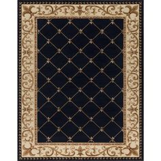 a black and beige rug with an intricate design